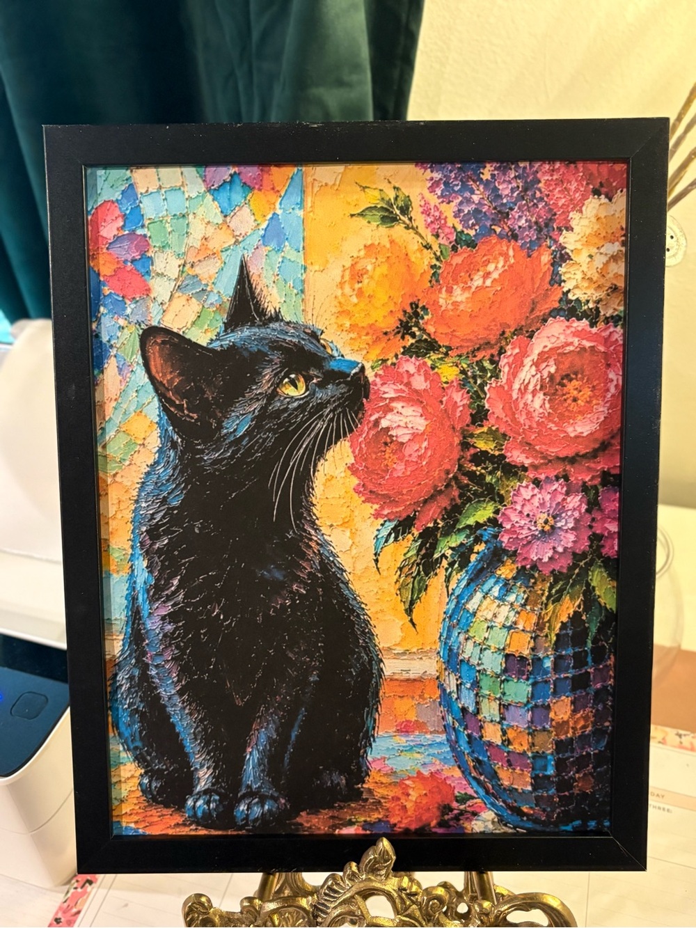 Black Cat Floral Framed 8x10 Wall Art Print - Vibrant Multicolor